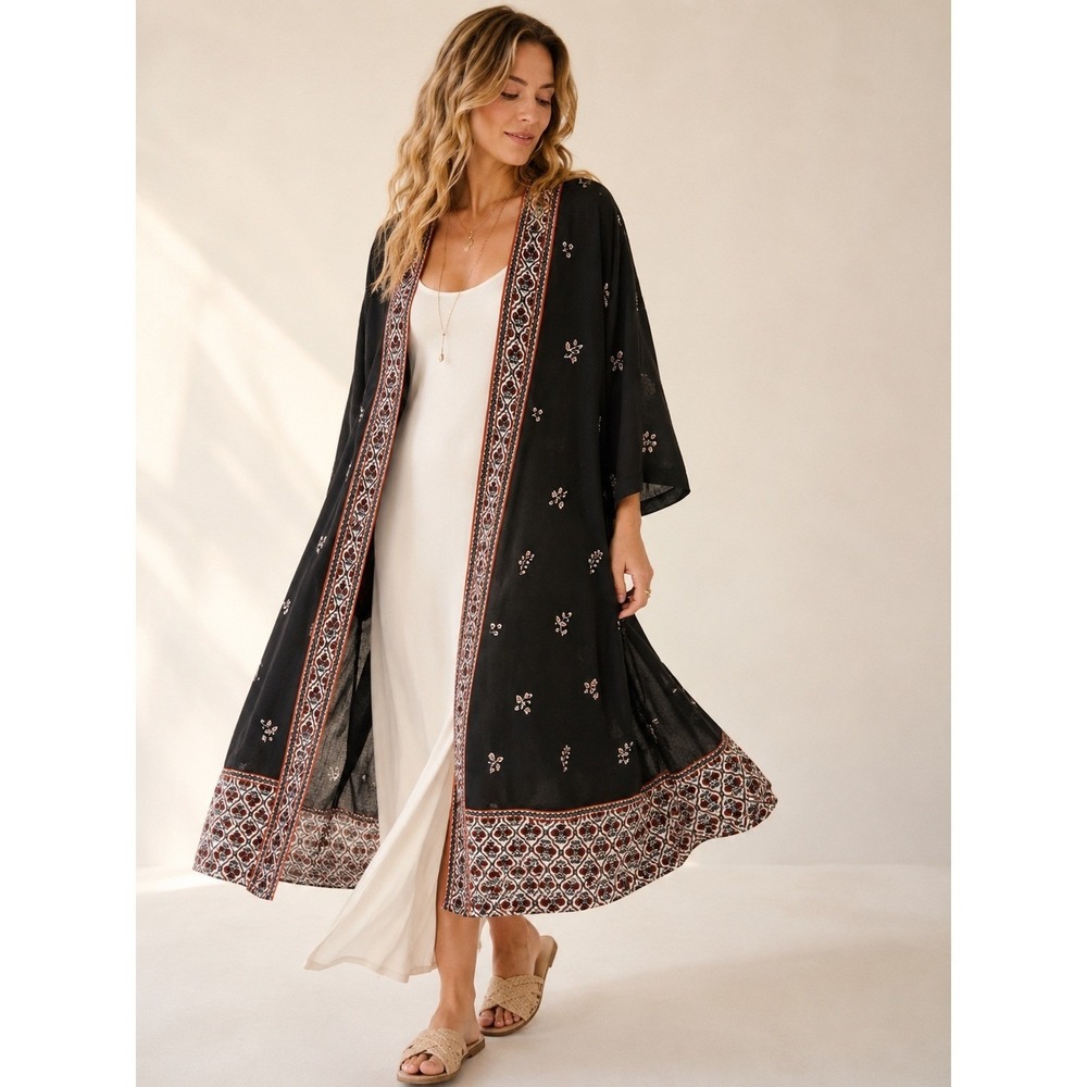 LOFT Kimono Wrap Womens XS/S Black Excellent Floral Border Print Longline Boho